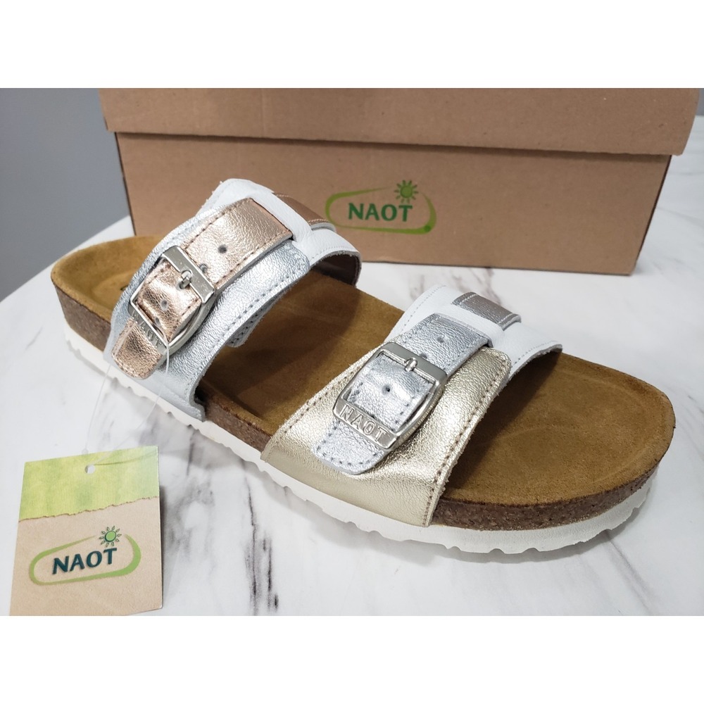 NEW NAOT Santa Cruz Double Strap Slide Sandals SZ 40 / US 9 silver gold white